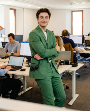 Een jonge man met een groen pak aan die op de rand van een bureau leunt, hij zit in een kantoor tuin waar mensen op de achtergrond aan het werk zijn.