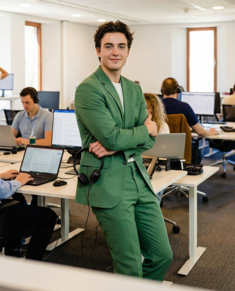 Een jonge man met een groen pak aan die op de rand van een bureau leunt, hij zit in een kantoor tuin waar mensen op de achtergrond aan het werk zijn.